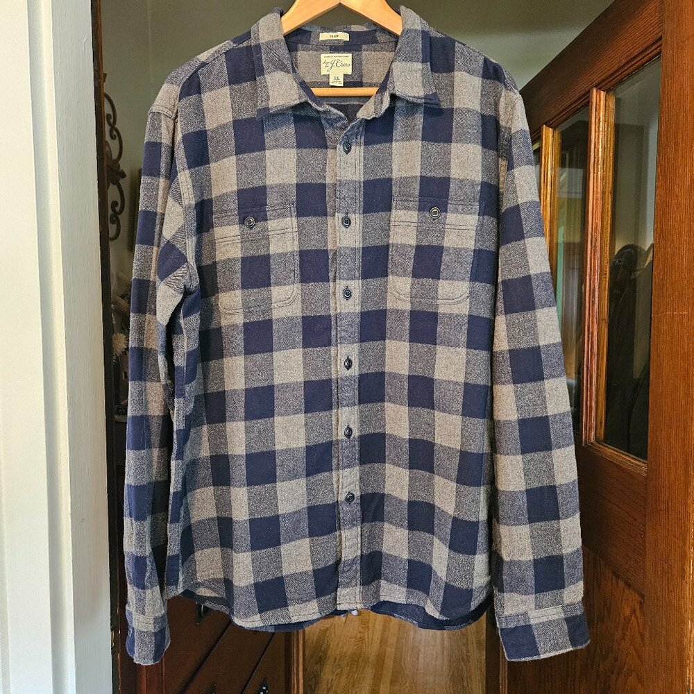 J Crew Men's Flannel - Blue & Gray Checkered - Size XL Slim